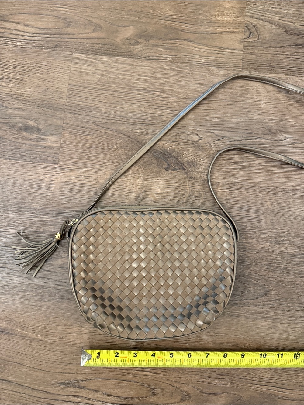 Vintage Woven Leather Suede Crossbody Bag in Taupe Bronze with tassel